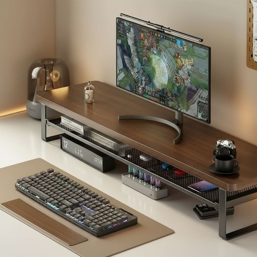 Dual-Layer Monitor Stand with Pull-Out Storage for Computers