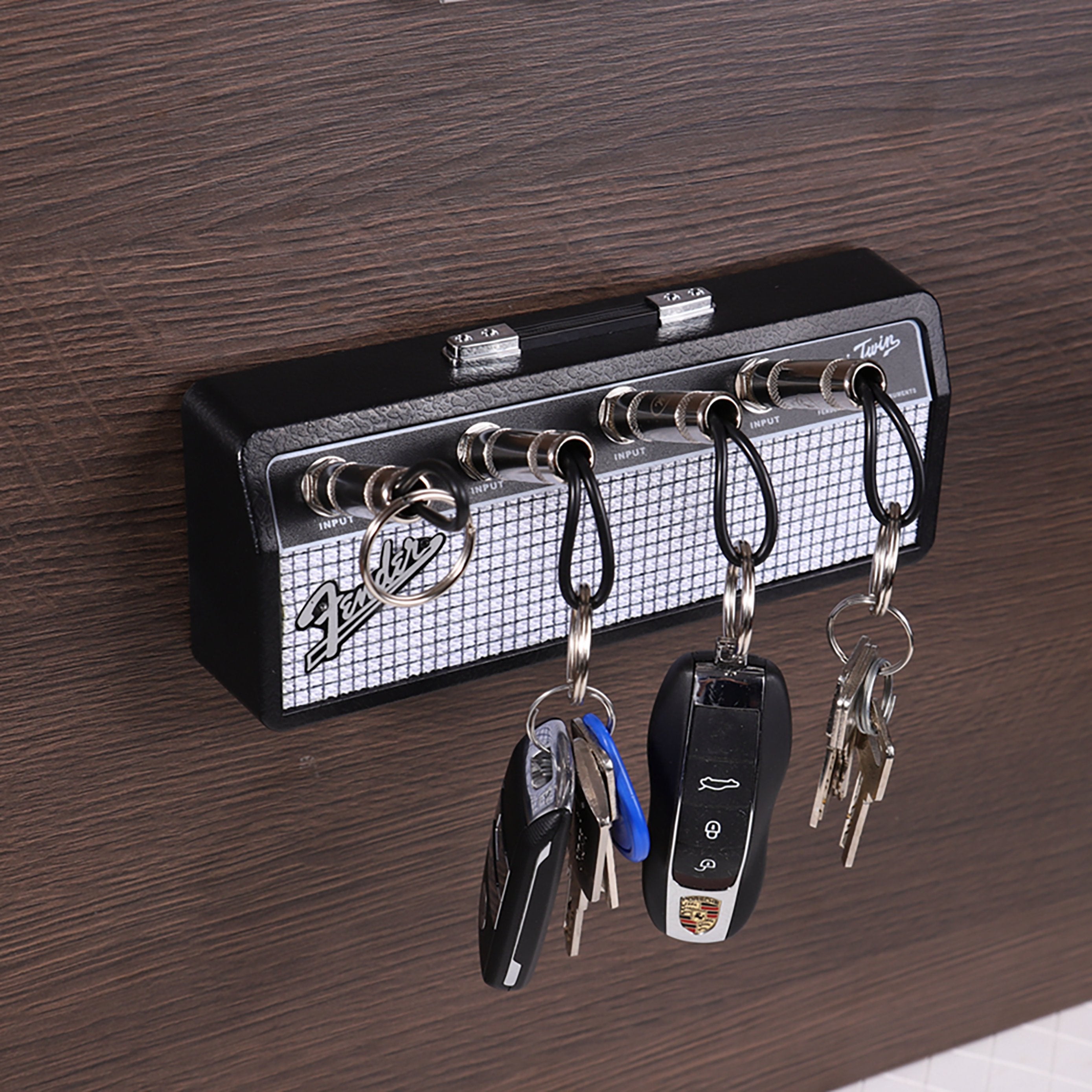 Guitar-Inspired Wall Key Organizer with Plug Keychains