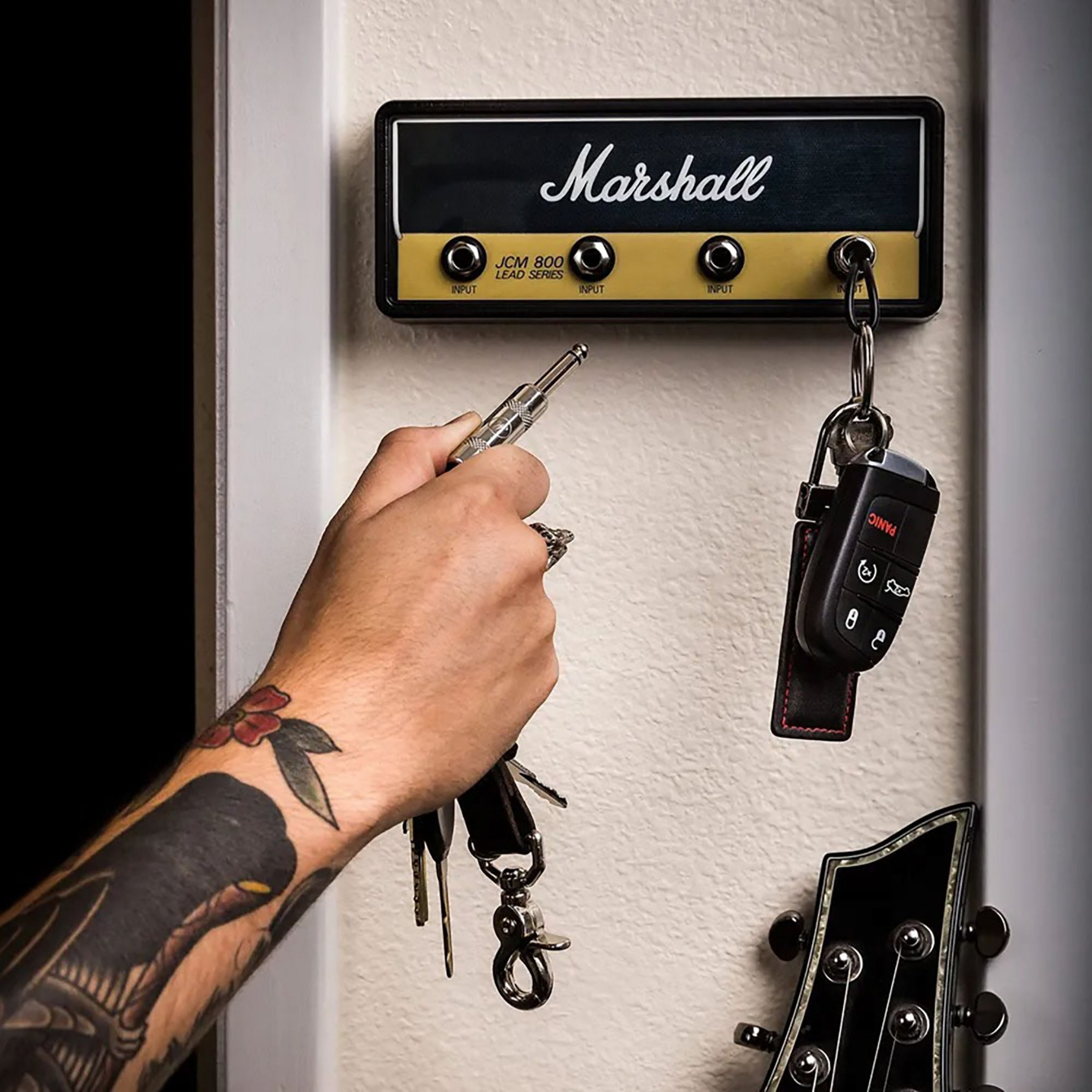 Guitar-Inspired Wall Key Organizer with Plug Keychains