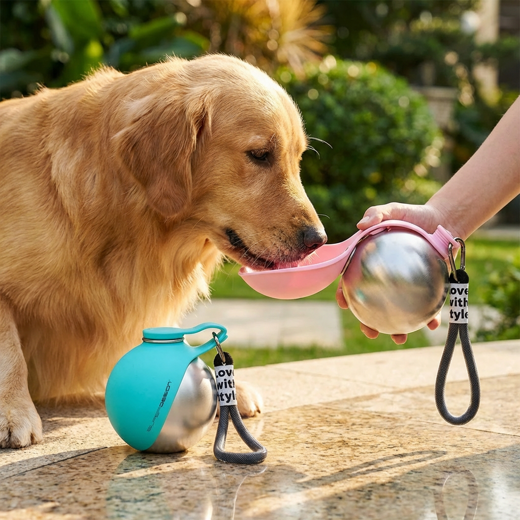 2-in-1 Travel Water Bottle for Dogs with Attached Silicone Bowl