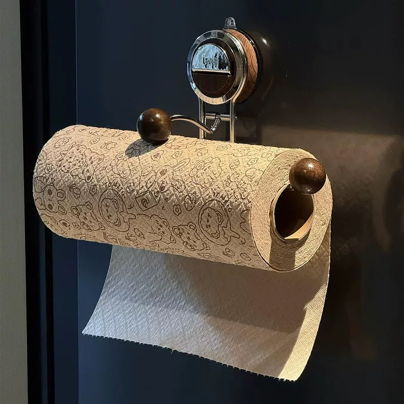 Suction-Based Toilet Paper Holder with Stylish Wood Finish