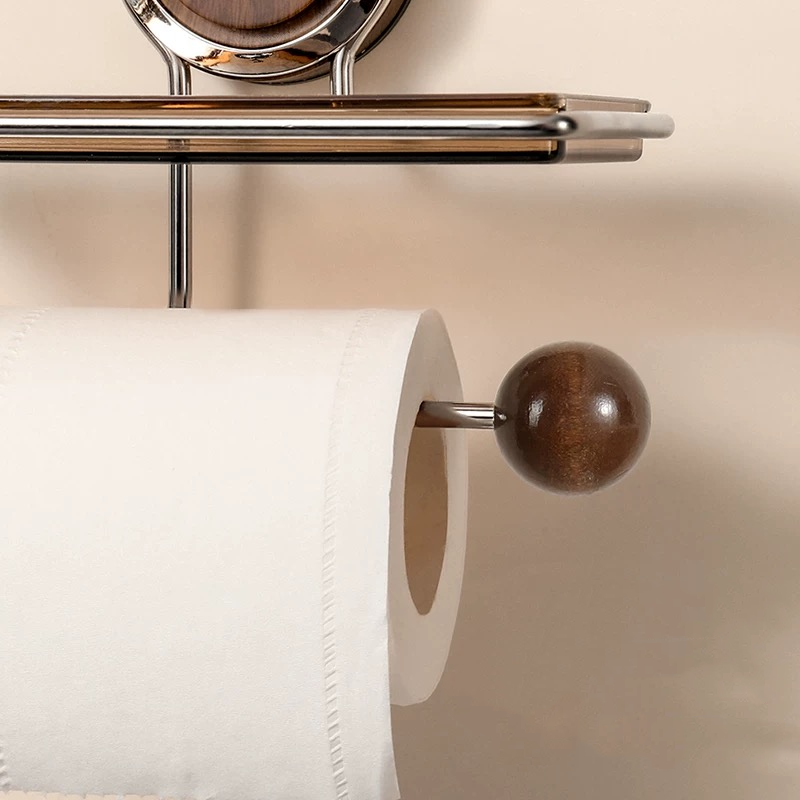 Suction-Based Toilet Paper Holder with Stylish Wood Finish