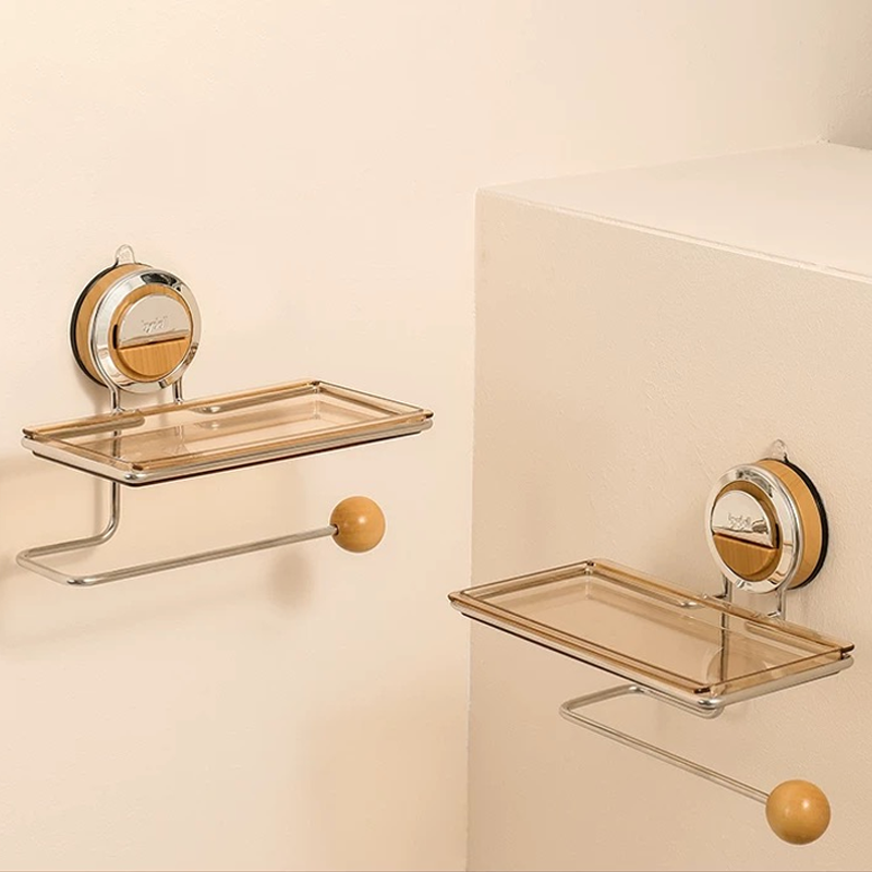 Suction-Based Toilet Paper Holder with Stylish Wood Finish