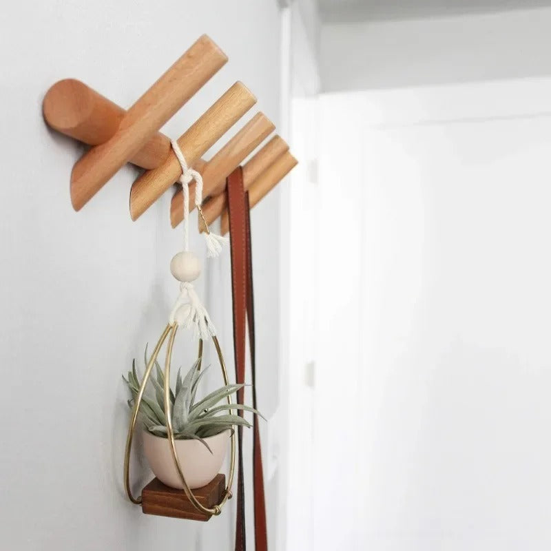 Elegant Oak Wall Rack with 5 Hooks for Clutter-Free Spaces