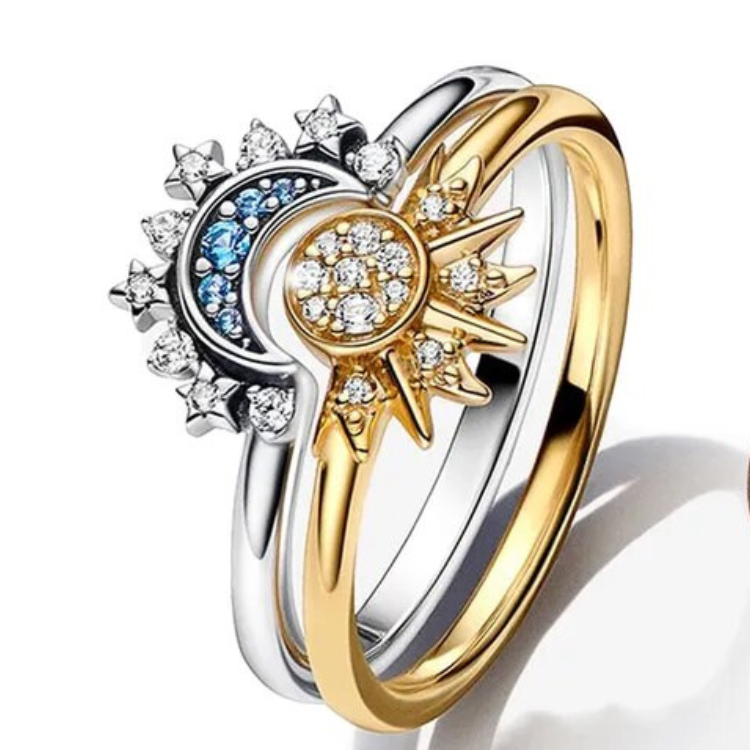 Celestial Harmony Crystal Ring with Sun and Moon Design