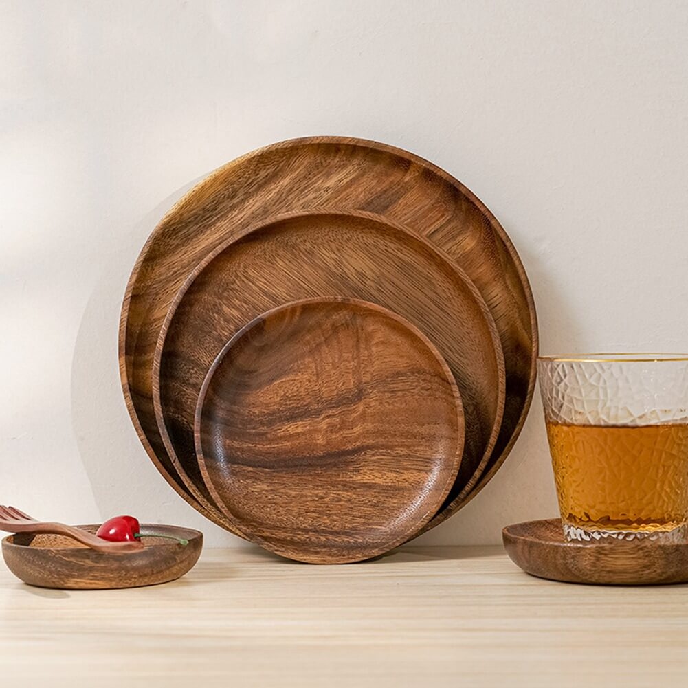 Natural Acacia Wood Serving Plate with Textured Design