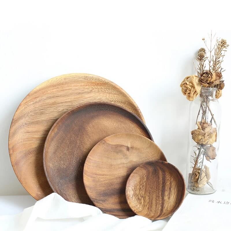 Natural Acacia Wood Serving Plate with Textured Design