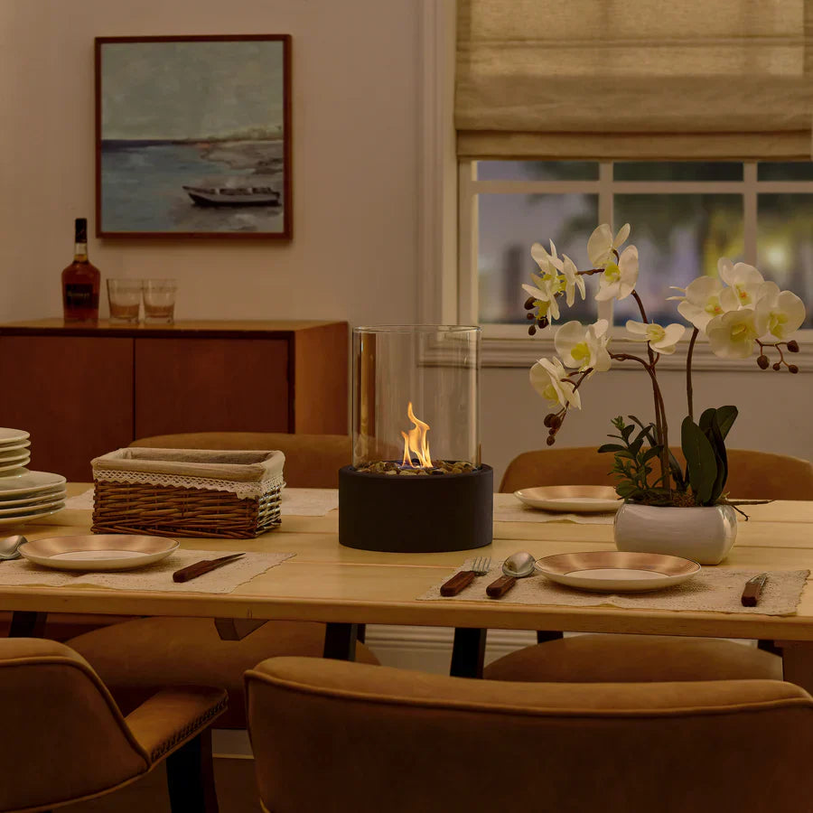 Elegant Glass-Cylinder Tabletop Ethanol Heater with Metal Stand