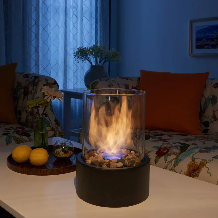 Elegant Glass-Cylinder Tabletop Ethanol Heater with Metal Stand