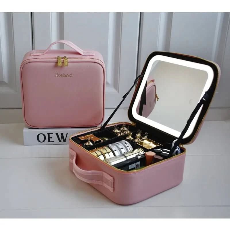 Travel Makeup Organizer with Adjustable Brightness LED Mirror