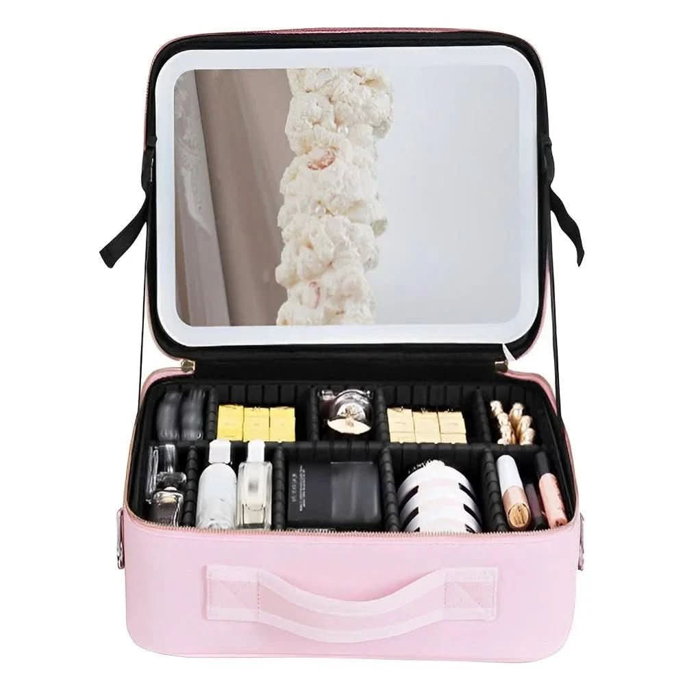 Travel-Friendly Makeup Organizer with LED Mirror and Brightness Control