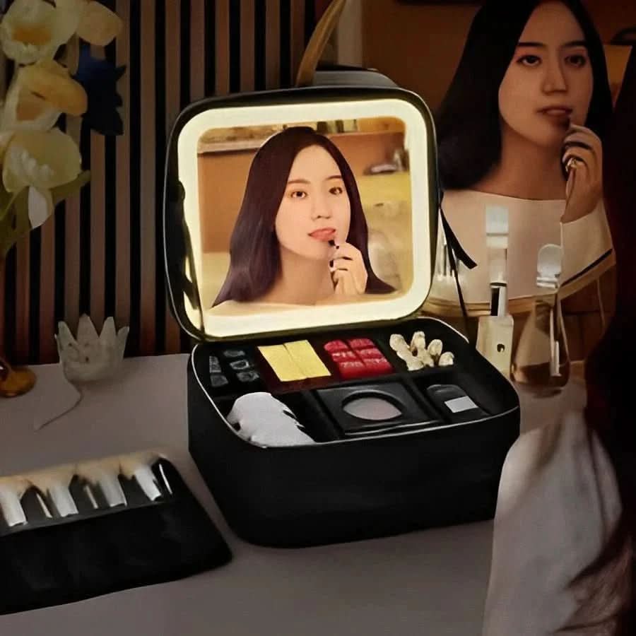 Travel Makeup Organizer with Adjustable Brightness LED Mirror