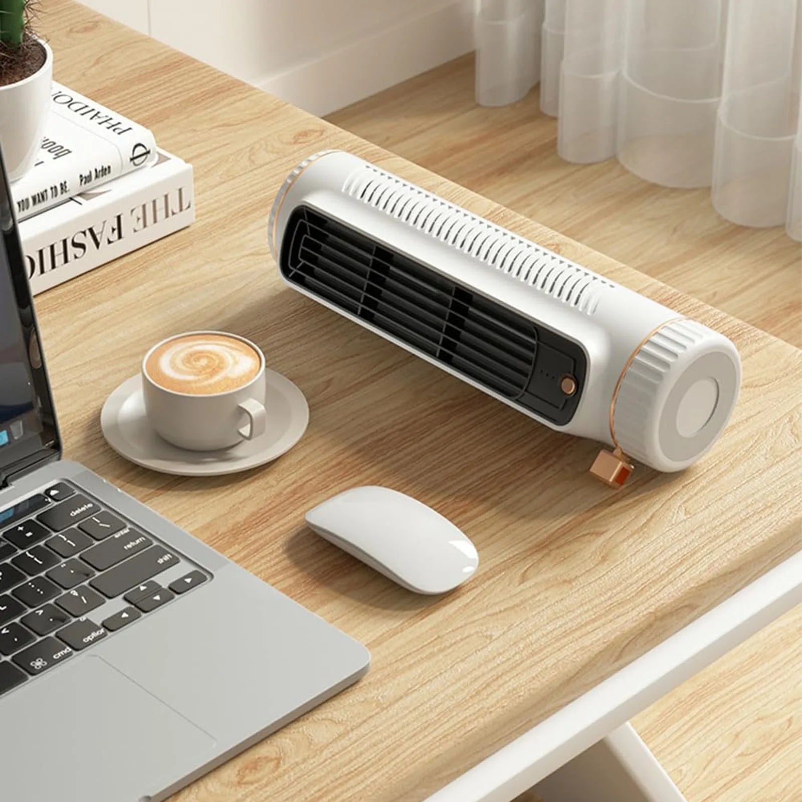 Compact Bladeless Tower Fan with 360° Airflow and Battery Power