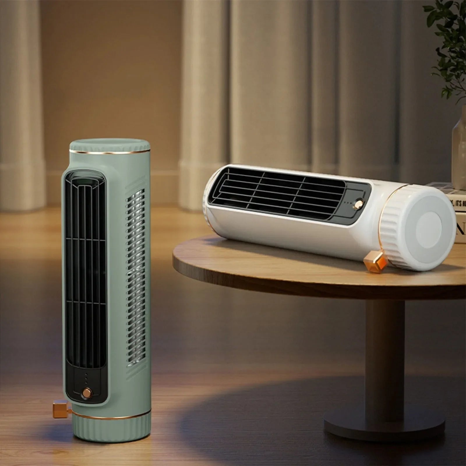 Compact Bladeless Tower Fan with 360° Airflow and Battery Power