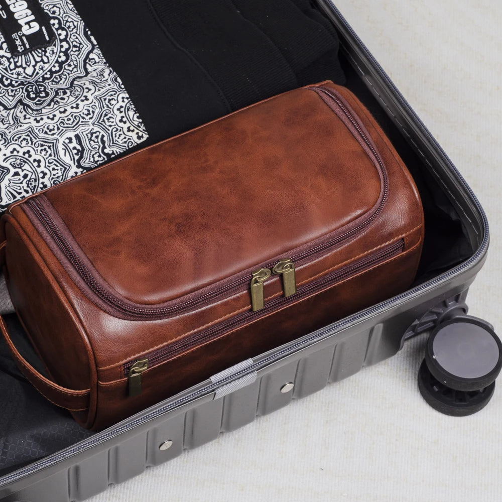 Sophisticated Leather Travel Kit with Convenient Hanging Hook