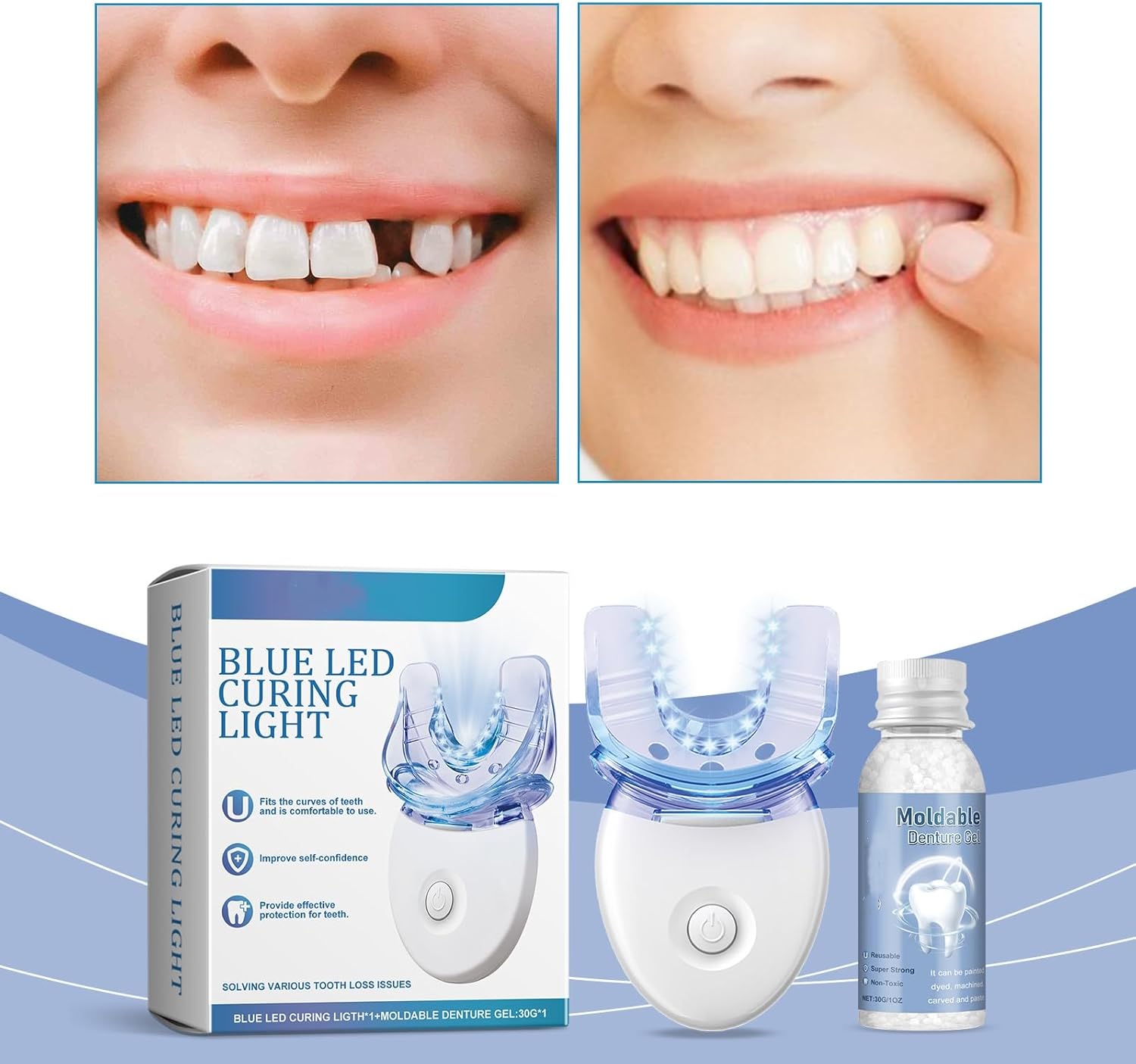 Denture Repair Kit with LED Light | Malleable Tooth Gel