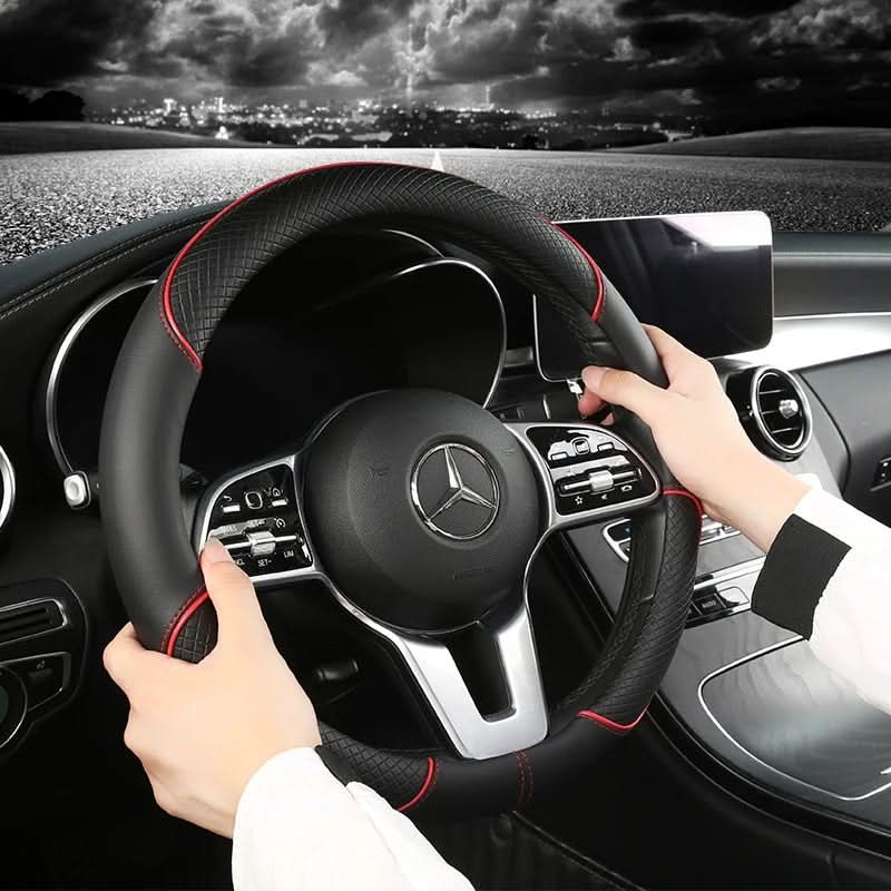 Leather Steering Wheel Cover with Diamond Grip - Anti-Slip Design