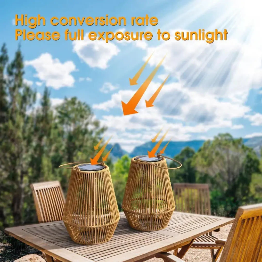 Weatherproof Rattan Solar Lantern with Warm LED Light, Automatic