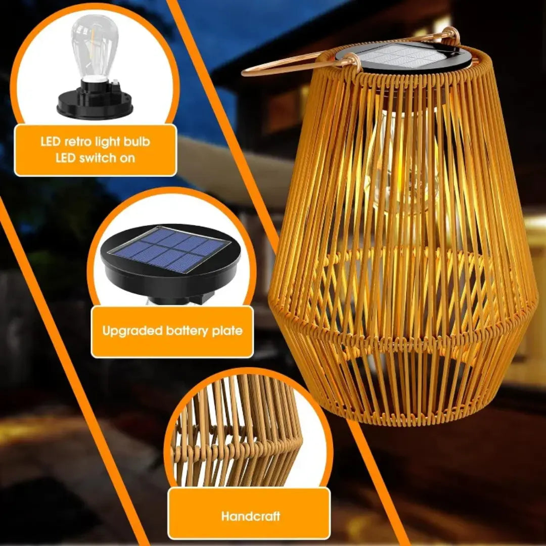 Weatherproof Rattan Solar Lantern with Warm LED Light, Automatic