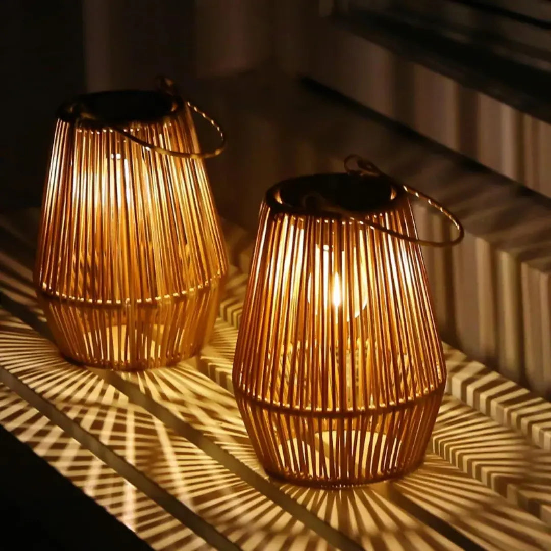 Weatherproof Rattan Solar Lantern with Warm LED Light, Automatic
