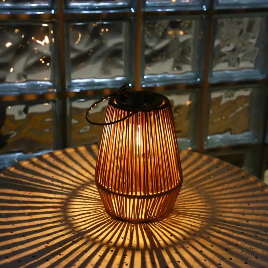 Weatherproof Rattan Solar Lantern with Warm LED Light, Automatic