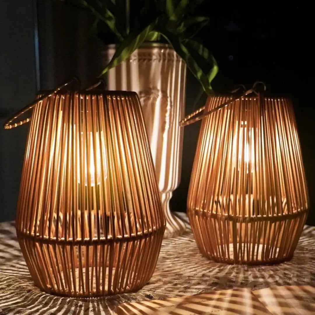 Weatherproof Rattan Solar Lantern with Warm LED Light, Automatic