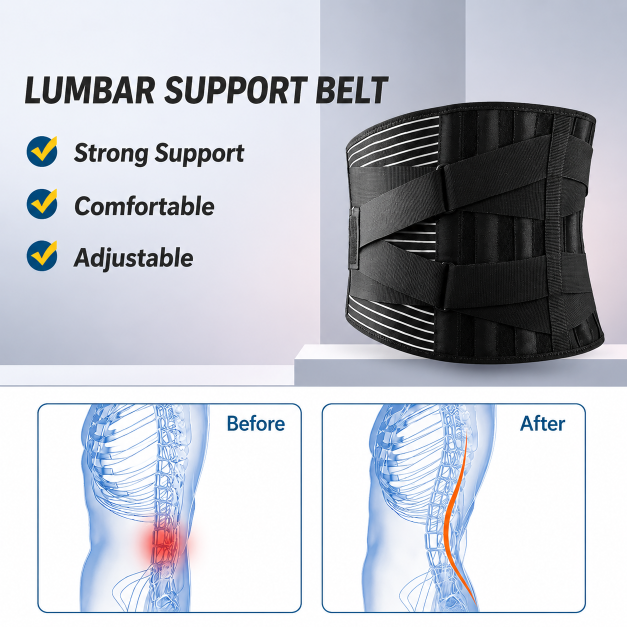 Lumbar Support Belt | Adjustable Back Brace with Memory Aluminum and Steel System