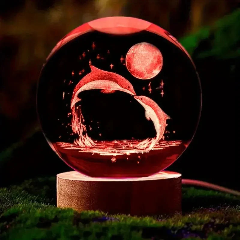 Crystal Sphere with 3D Laser Engraving – Dolphin and Moon, LED Stand
