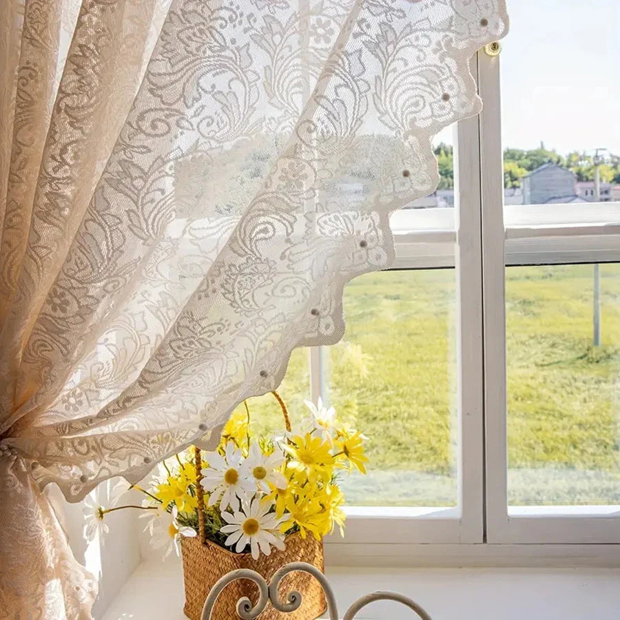 Charming Lace Curtain with Elegant Beaded Hem Detail