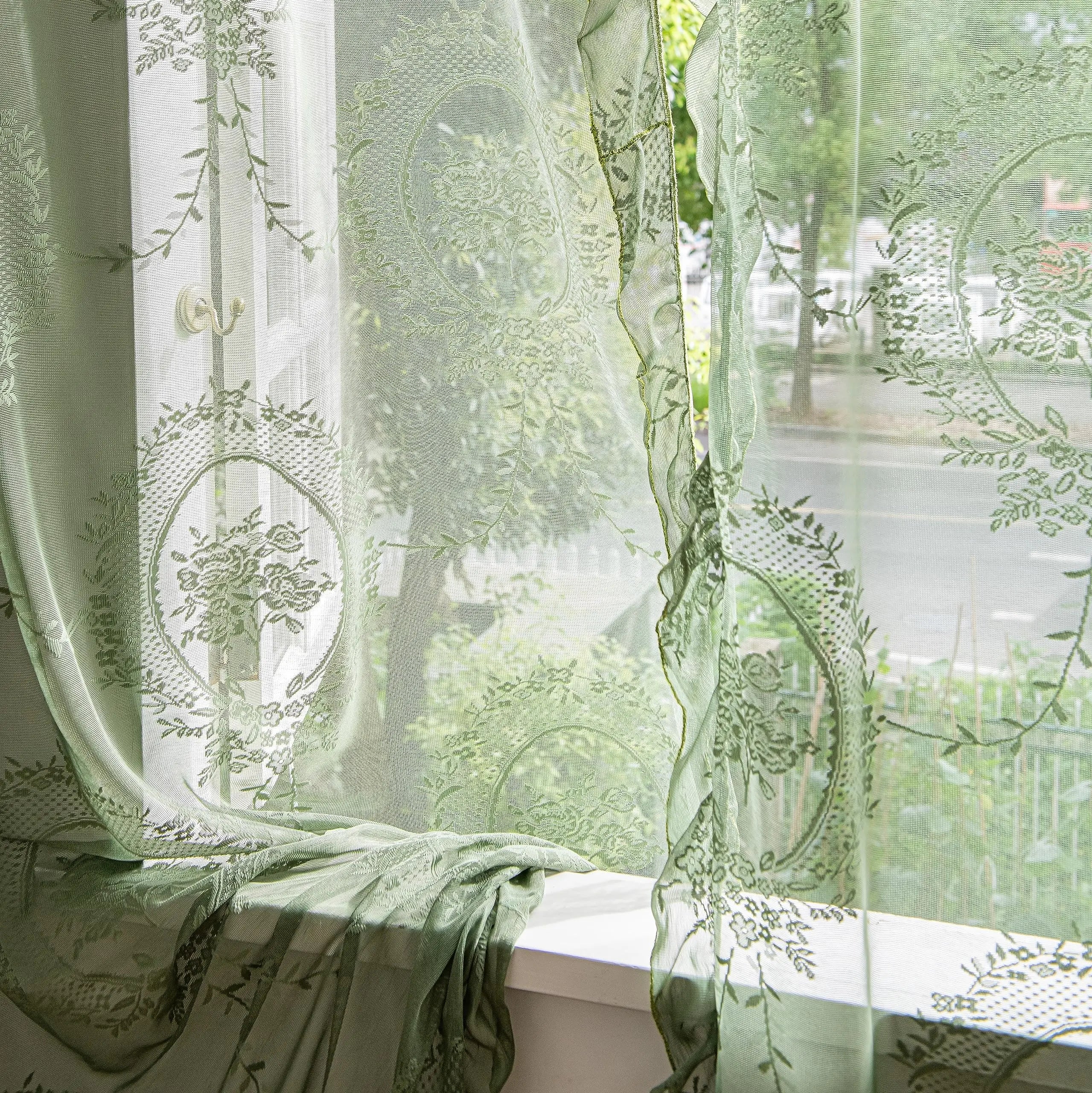 Chateau Breeze - Elegant Green Ruffled Sheer Curtains for Any Room