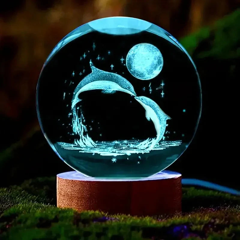 Crystal Sphere with 3D Laser Engraving – Dolphin and Moon, LED Stand