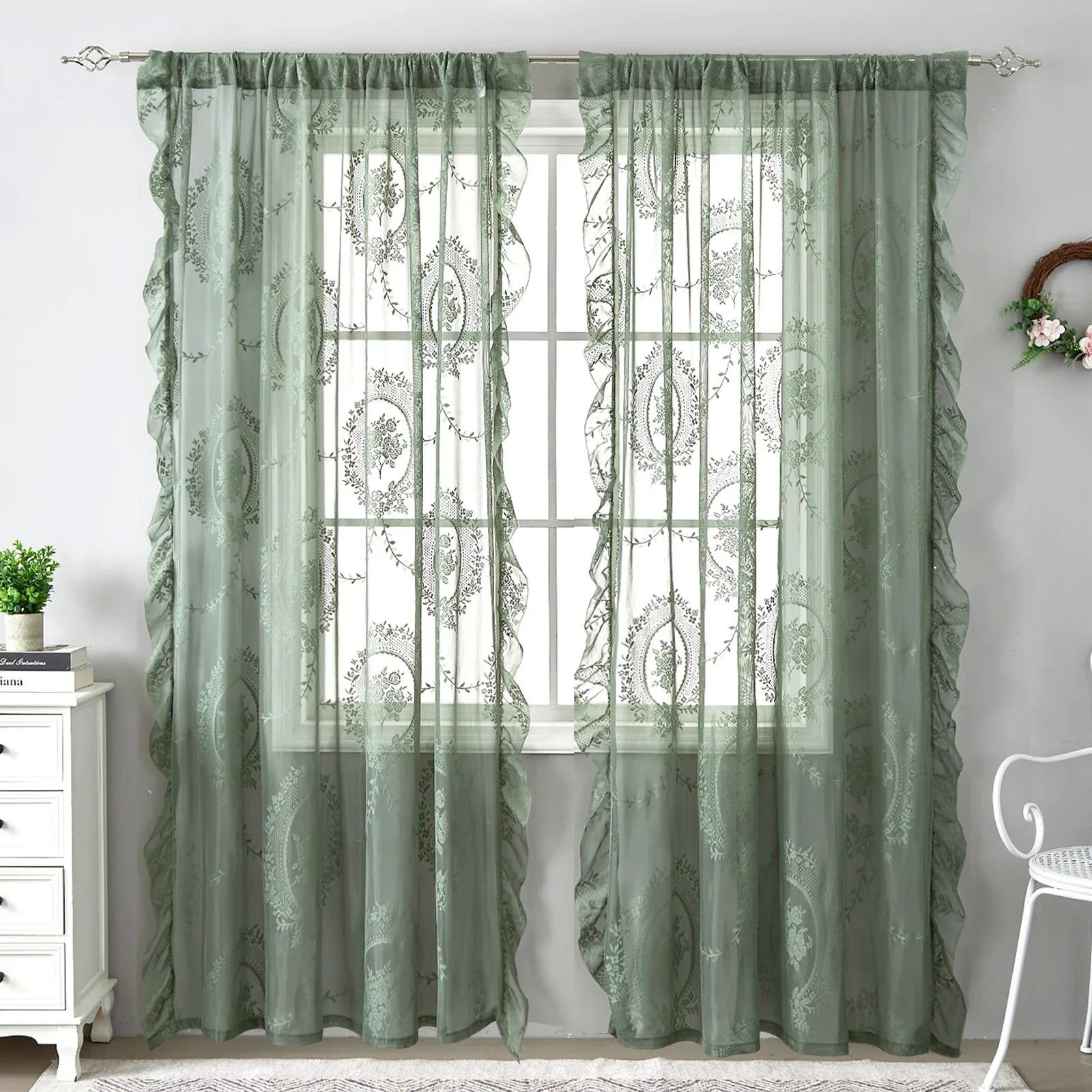 Chateau Breeze - Elegant Green Ruffled Sheer Curtains for Any Room