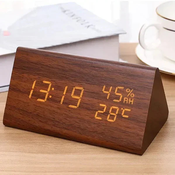 Elegant Wooden-Style LED Alarm Clock with Triple Alarm, Temp Display & Brightness Control
