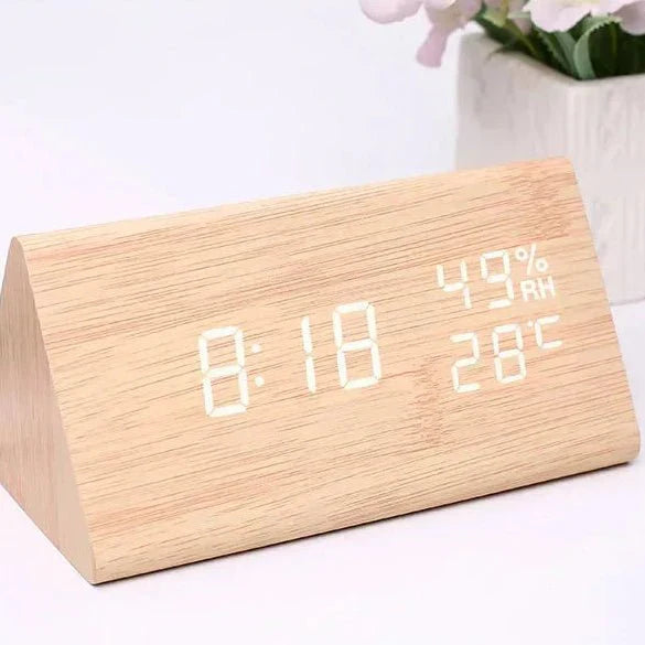 Elegant Wooden-Style LED Alarm Clock with Triple Alarm, Temp Display & Brightness Control