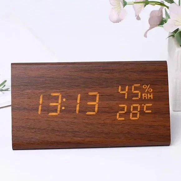 Elegant Wooden-Style LED Alarm Clock with Triple Alarm, Temp Display & Brightness Control