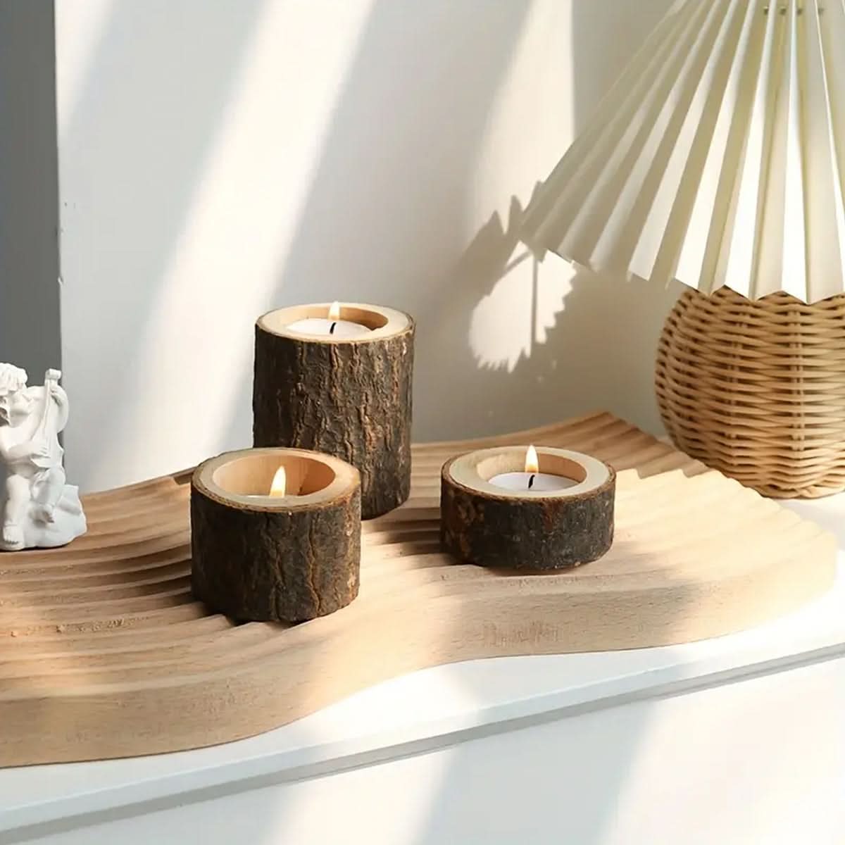 Three-Piece Decorative Tea Lamp Set in Wood