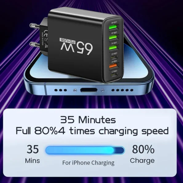 65W Multi-Device Rapid Charger – Power Up to 6 Gadgets Anywhere
