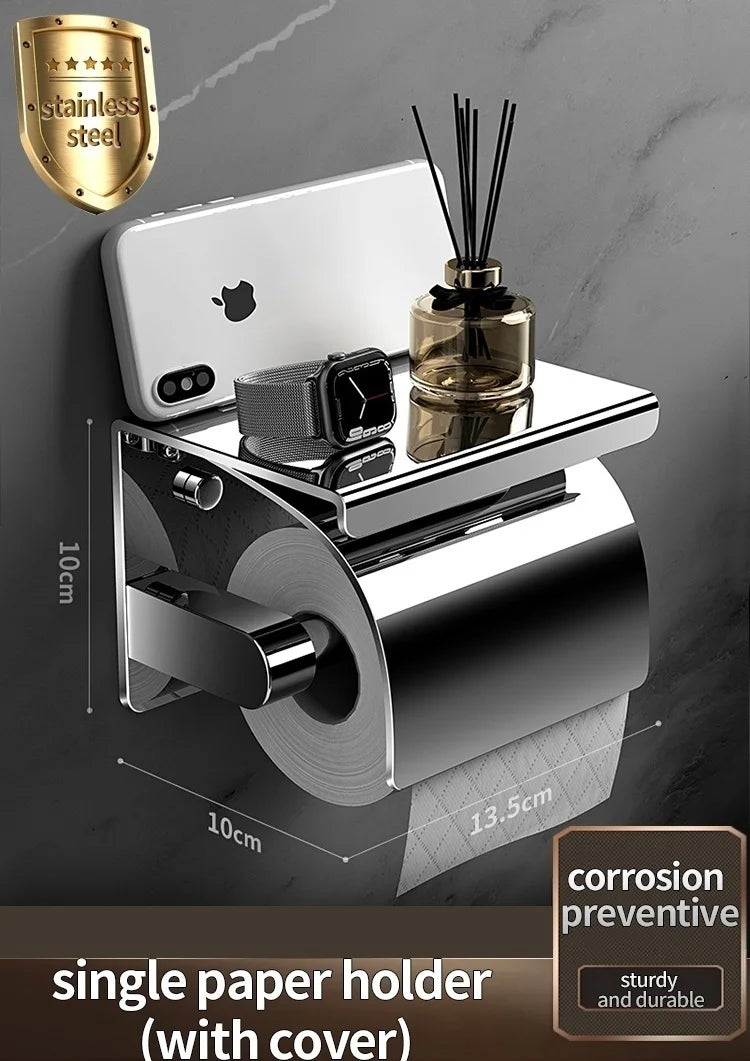 Wall-Mounted Toilet Paper Holder in Stainless Steel with Shelf