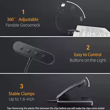 Versatile USB Rechargeable Clip-On Reading Light | Adjustable Arm & 3 Color Modes