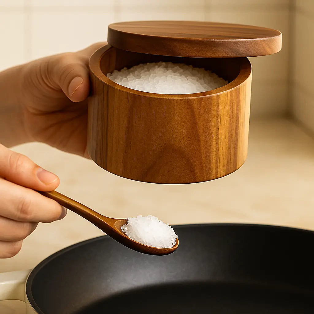 Elegant Wooden Spice Keeper with Spoon - 9cm Diameter