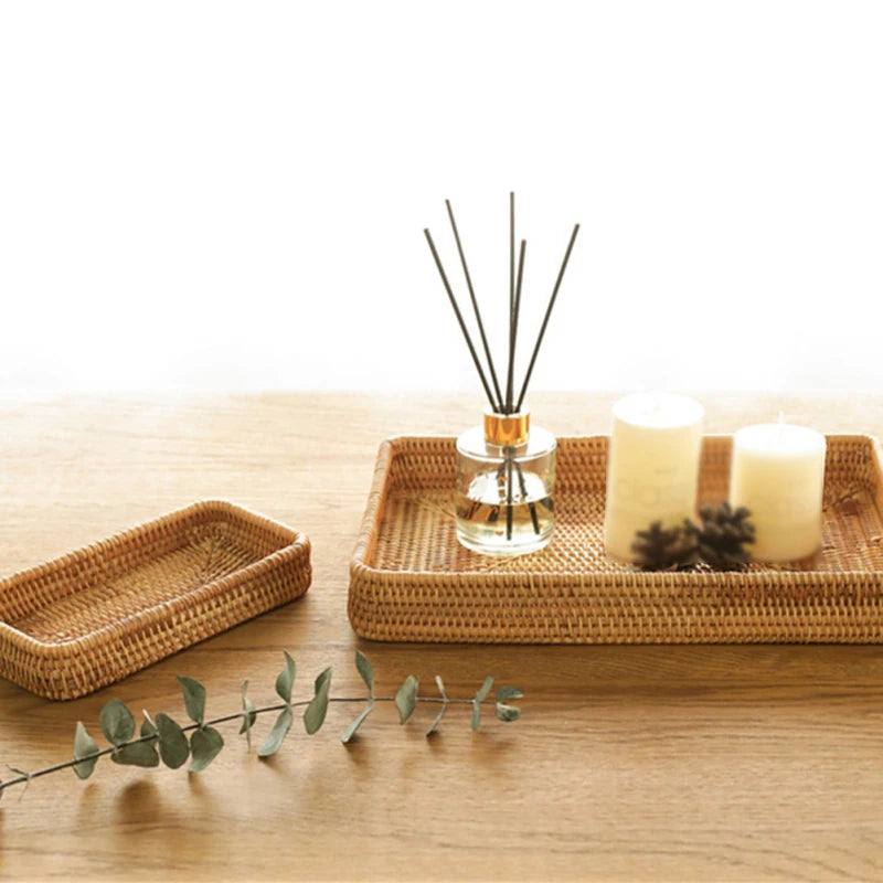 Elegant Rattan Serving Tray with Handles and Elevated Edges