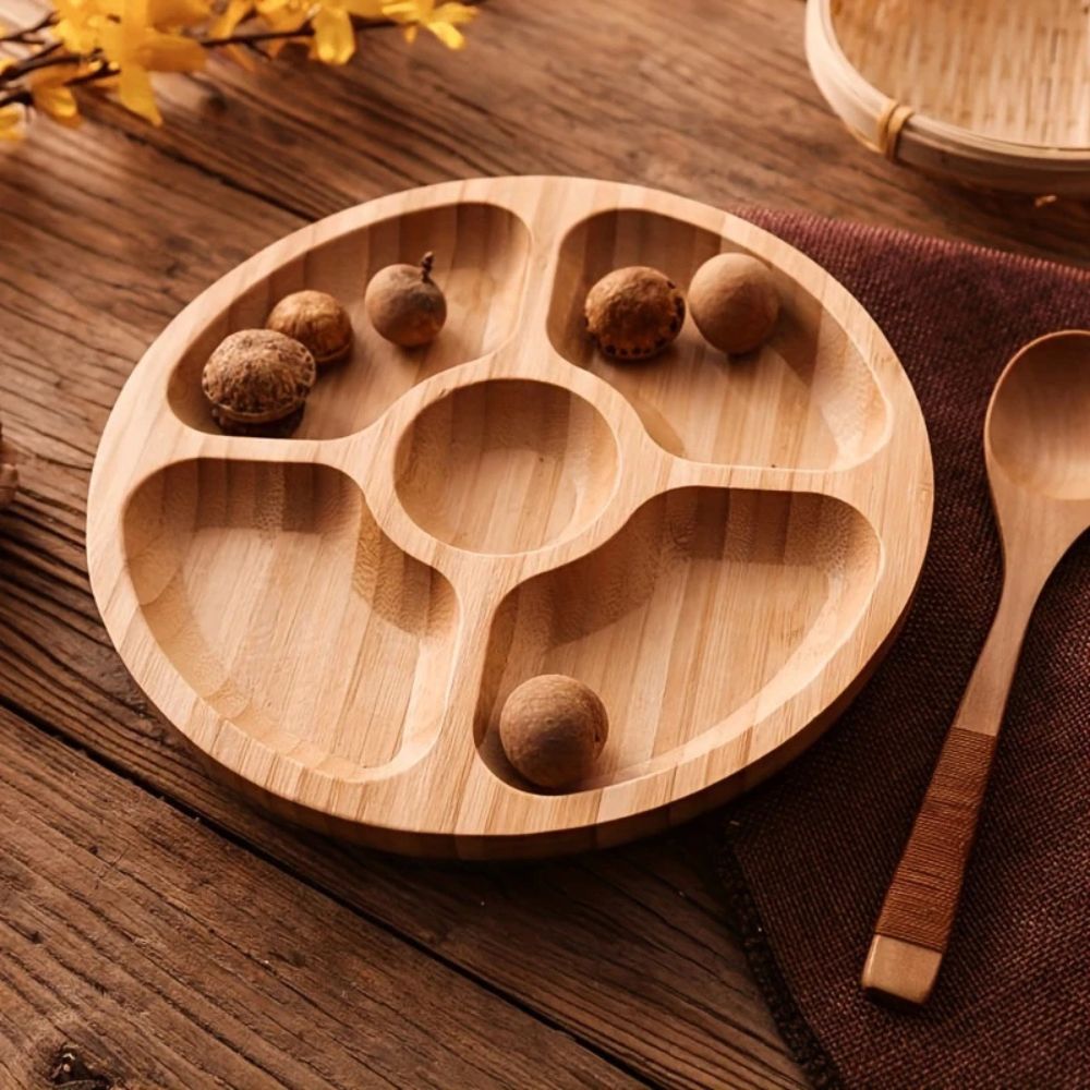 Elegant Wooden Circular Serving Tray with 5 Sections
