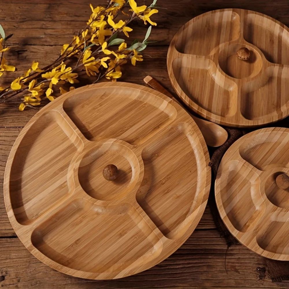 Elegant Wooden Circular Serving Tray with 5 Sections