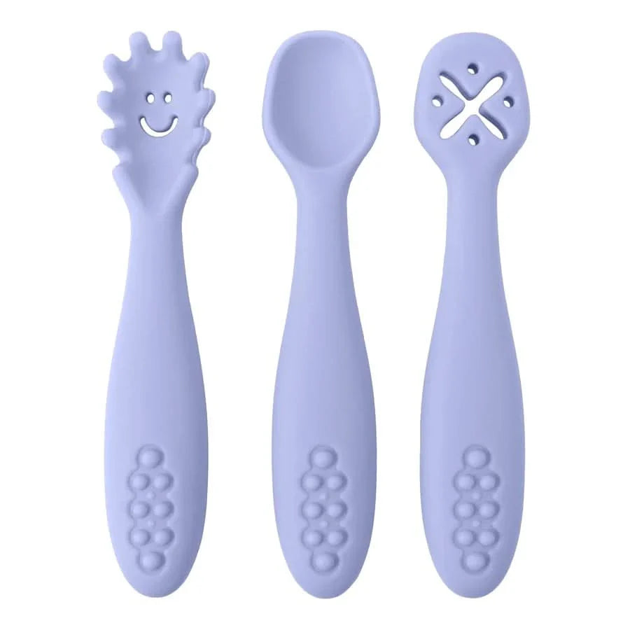 Silicone Toddler Utensils Set - 3 Piece Soft Fork and Spoon for Self-Feeding