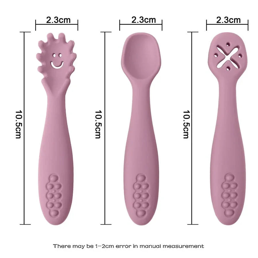 Silicone Toddler Utensils Set - 3 Piece Soft Fork and Spoon for Self-Feeding