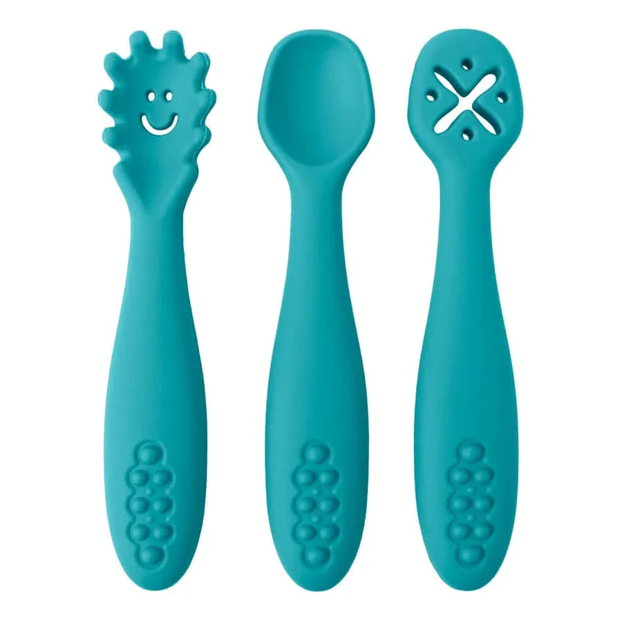 Silicone Toddler Utensils Set - 3 Piece Soft Fork and Spoon for Self-Feeding