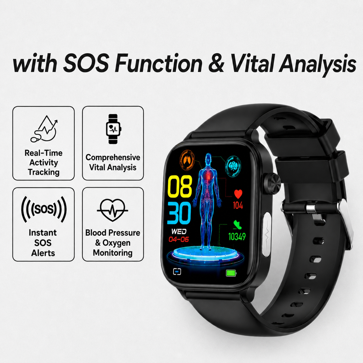 Smartwatch with SOS Emergency Alert and Fall Detection | Heart Rate, Oxygen, and Activity Monitoring | Bluetooth and Waterproof