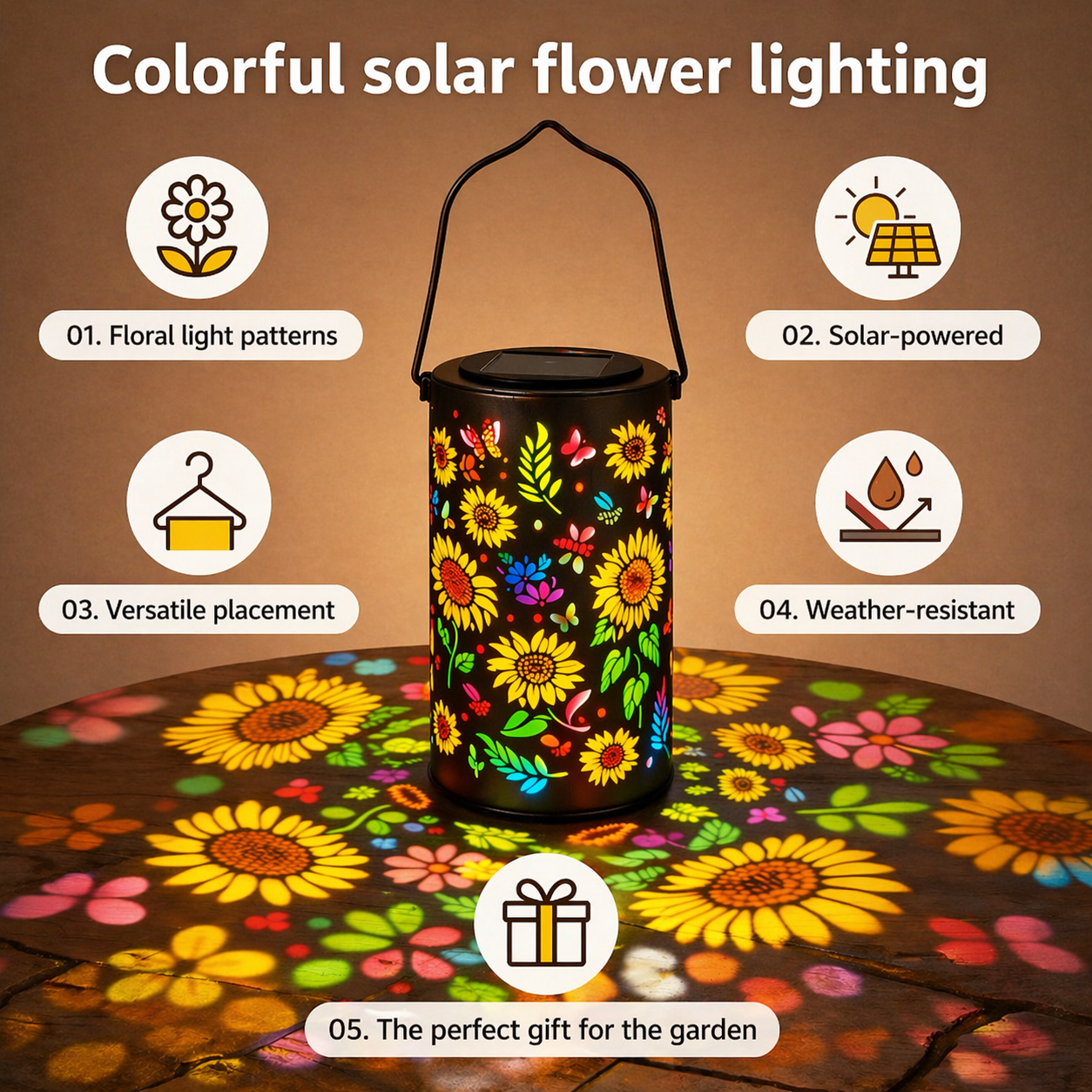 Solar Garden Lantern with Floral Pattern and Light Projection