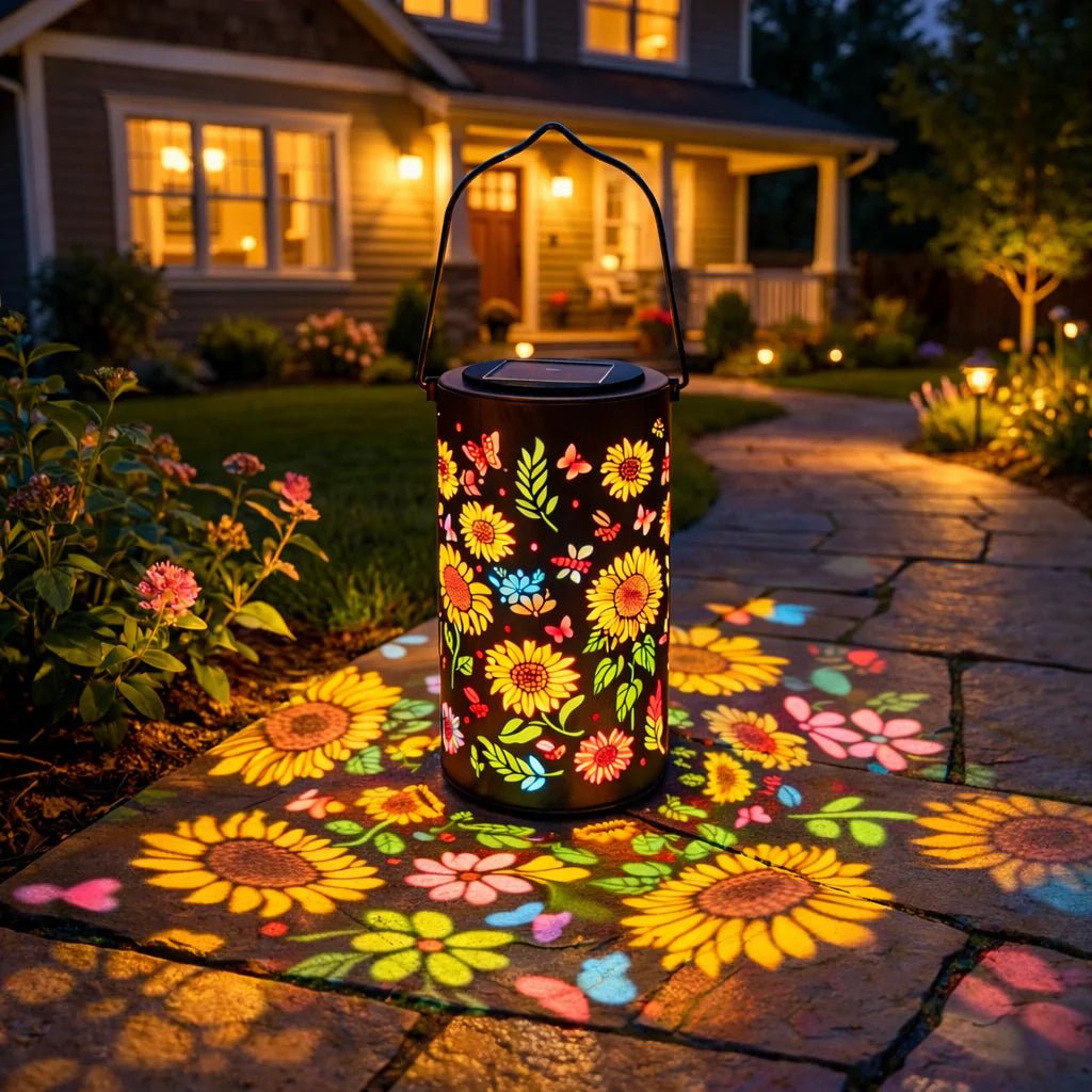 Metal Solar Garden Lantern | Flower Light Projection | Automatic Twilight Switch