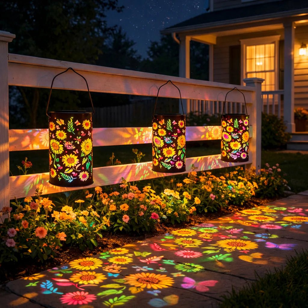 Metal Solar Garden Lantern | Flower Light Projection | Automatic Twilight Switch